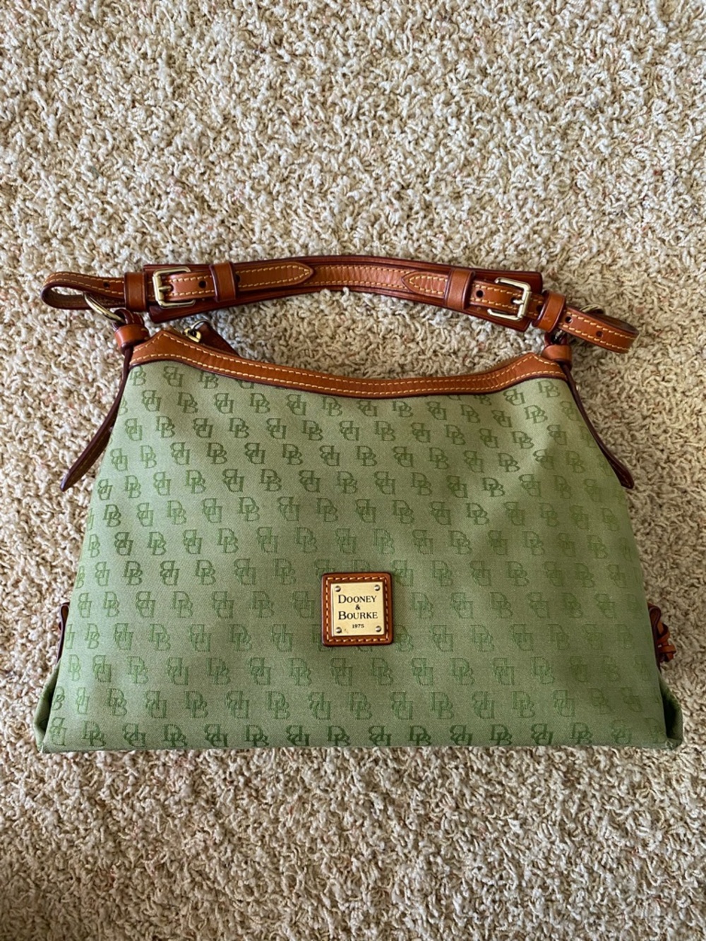 Dooney & Bourke Green Logo Jacquard Shoulder Bag with Brown Leather Strap